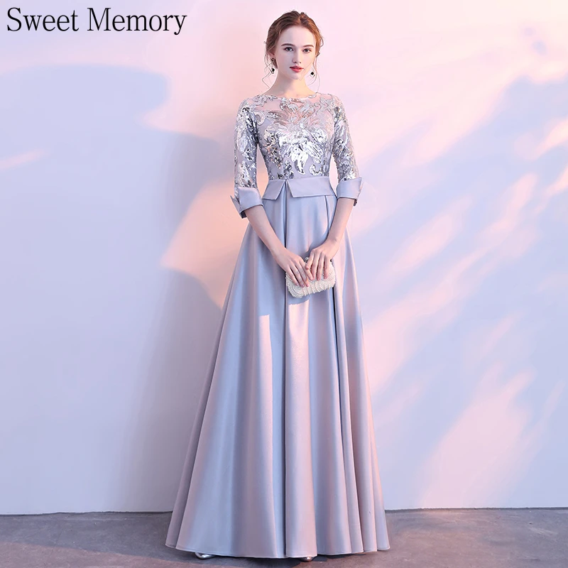 evening maxi dresses U1046 Vintage Long Dress O-Neck Evening Dresses Satin A-line Robe De Soiree Elegant Women Formal Wedding Party Gown plus size evening dresses