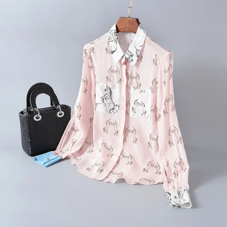 

European and American women's clothing spring and summer 2020 new style Long sleeve unicorn print fashion Silk shirt