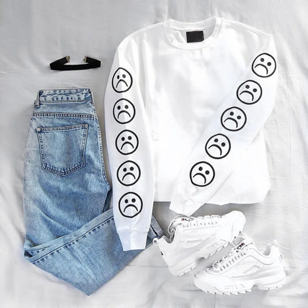 

Women sweatshirt pullovers Autumn long sleeve Sad Face Emoticon Sleeves black white basic clothes camiseta Tops Casual Tracksuit