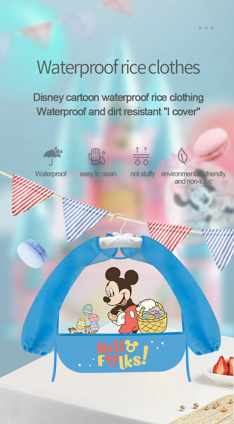 Disney Cute Baby Bibs Waterproof Full Sleeve Cartoon Kids Apron Smock Bib Burp Eat Toddler Feeding Bibs Baberos Bavoir Clothing teething toys for babies