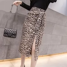 RealShe женские юбки осень зима Высокая талия леопардовый принт длинная юбка с разрезами Весенняя Повседневная элегантная тонкая прямая Jupe Femme
