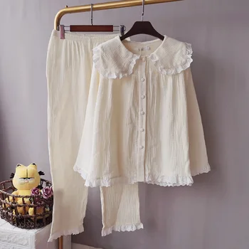 

2020 Autumn Winter New Pure Cotton Gauze Soft Ladies Pajamas Lace Lapel Cute Long Sleeve Cardigan Trousers 2-piece Pajama Set