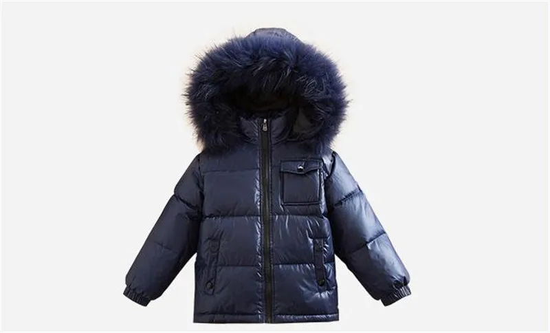 Детские зимние блестящие пуховые пальто с мехом для мальчиков и девочек; утепленная куртка с капюшоном; русская верхняя одежда; парка; детский зимний комбинезон; костюм для лыж