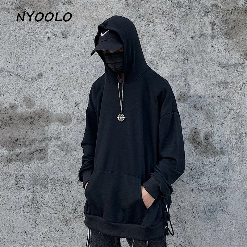 NYOOLO High street винтажные однотонные толстовки со шнуровкой осенние свободные пуловеры с длинными рукавами Толстовка с капюшоном для женщин Мужская одежда топы
