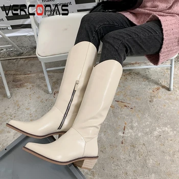 

VERCONAS Genuine Leather Women Knee-High Boots New Fashion Concise Autumn Winter Pointed Toe Zip Long Shoes Woman Western Boots