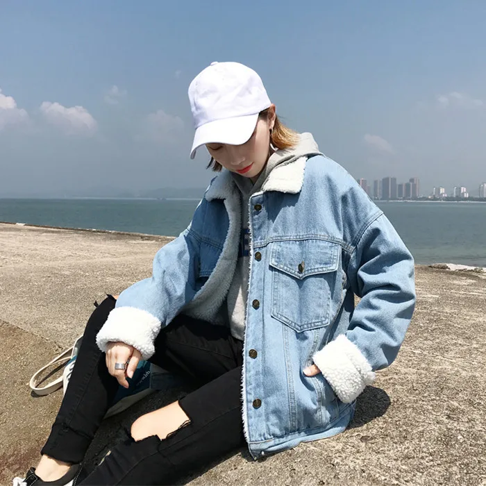 

Cotton-padded Jacket 2019 South Korea Autumn And Winter New Style Lambs Wool Loose-Fit Fold-down Collar Brushed And Thick Jeans