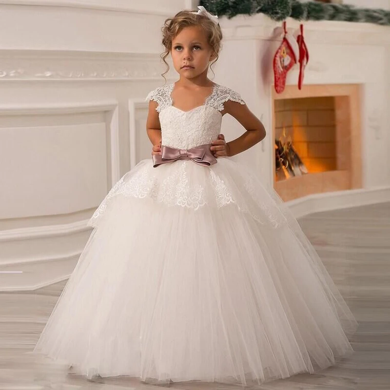 

2019 Winter White Long Bridesmaid Dress Girl Kids Dresses For Girls Clothing Pageant Party Wedding Dress Elegant Princess Dress