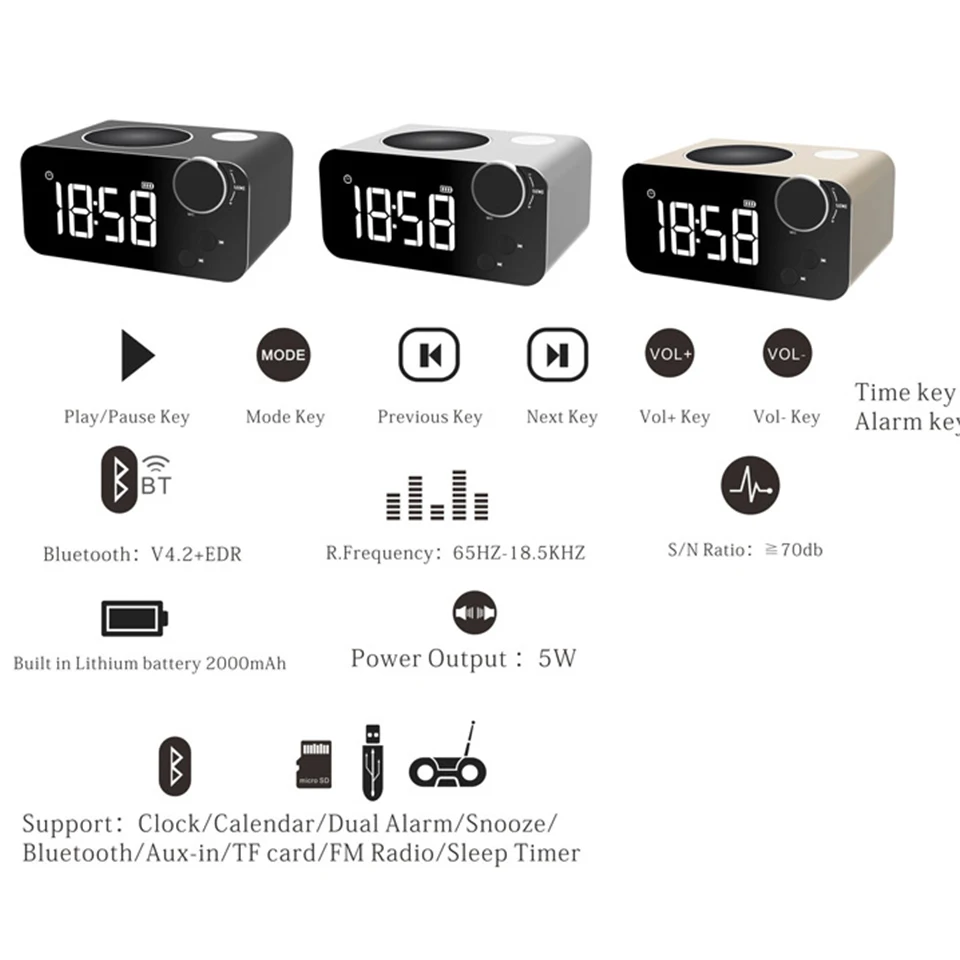 Беспроводной Bluetooth динамик FM радио будильник светодиодный HD дисплей сабвуфер