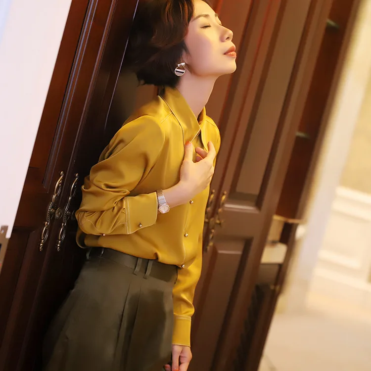 

New autumn women's high end 100% real silk shirt long sleeve single breasted formal blouses yellow elegant shirts