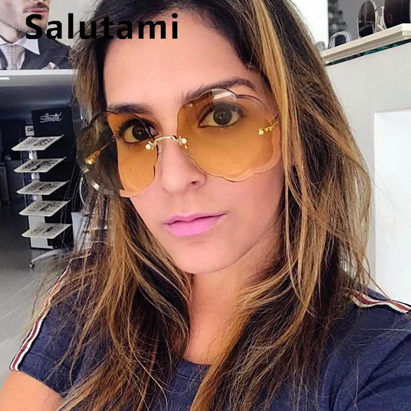 

Cutting Frame Rimless Sunglasses For Women 2019 New Brand Cloud Cat Eye Sun Glasses Female Alloy Clear Eyewear Flower Wave Shade
