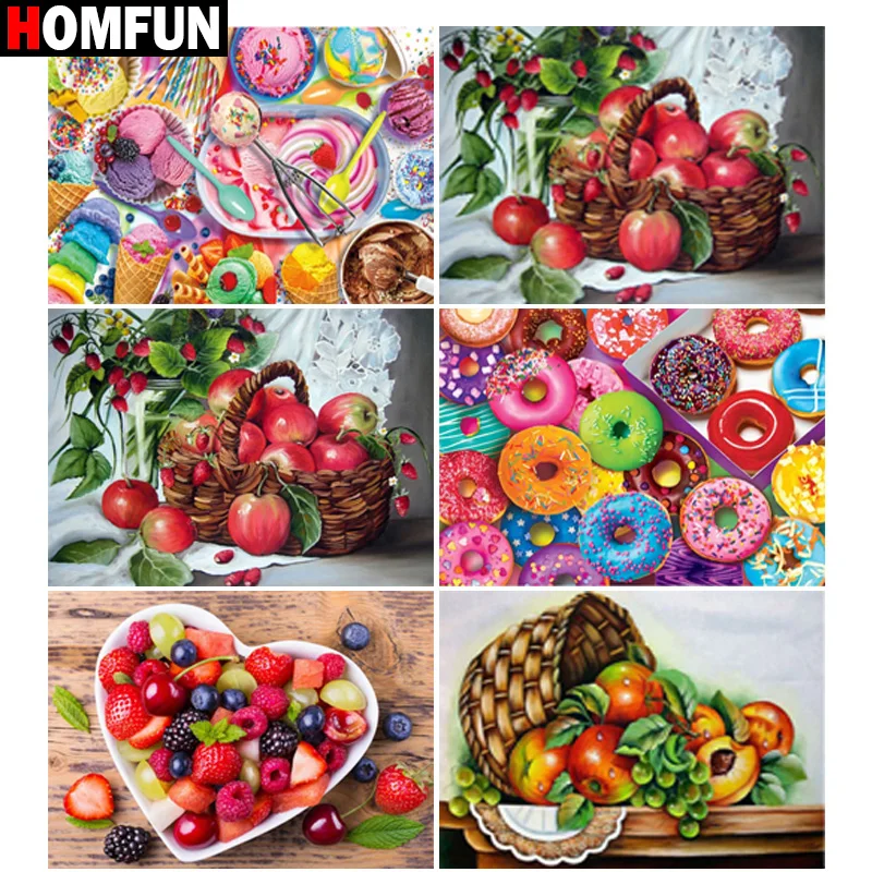 

Алмазная живопись HOMFUN, картина «сделай сам» из квадратных/круглых страз, «Яблочный пончик», корзина для фруктов, вышивка крестиком