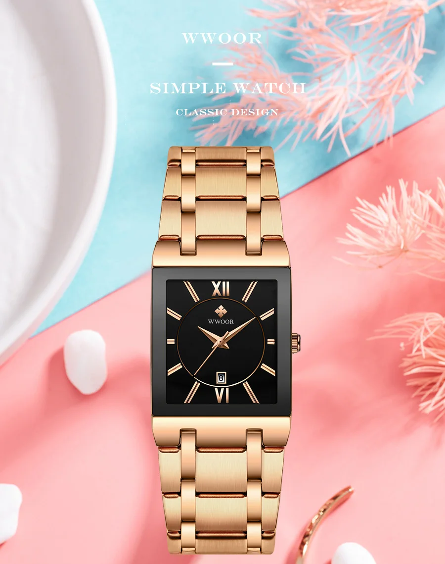 WWOOR New Design Women Bracelet Watches Top Brand Luxury Gold Square Quartz Watch Ladies Dress Waterproof Wrist Watch Gift Clock