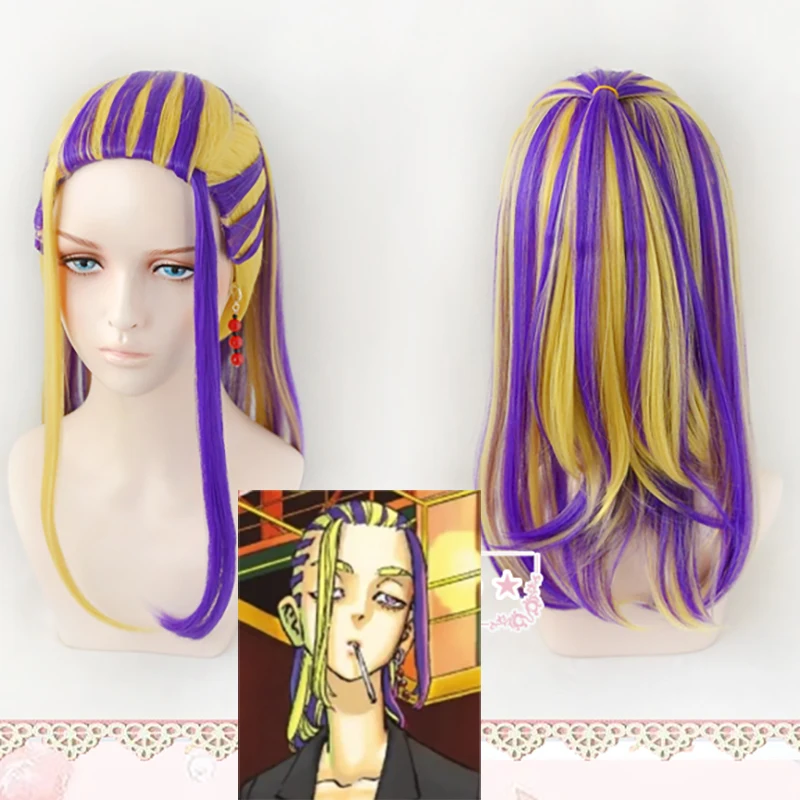 Wakasa Imaushi Wig Anime Tokyo Revengers Senju Cosplay Waka Golden Purple Highlights Hair Earrings Heat Resistant Wig + Wig Cap Women's Costumes