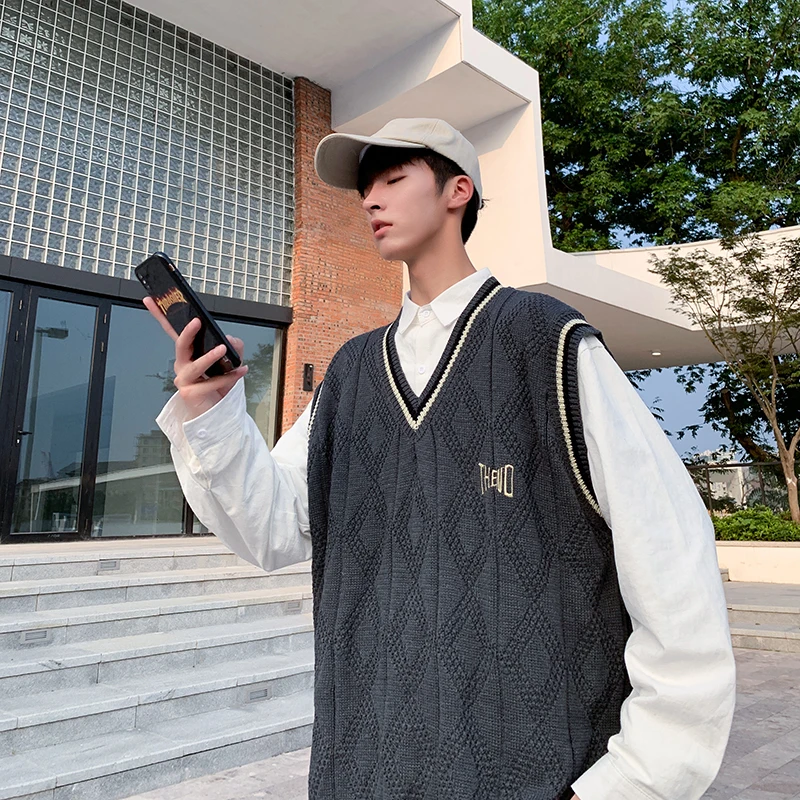 2020 Autumn Men's Lovers Clothing V-Collar Sweater Vest Students Knitting  Loose Pullover Grey/white/green Color Sweater M-XL - AliExpress