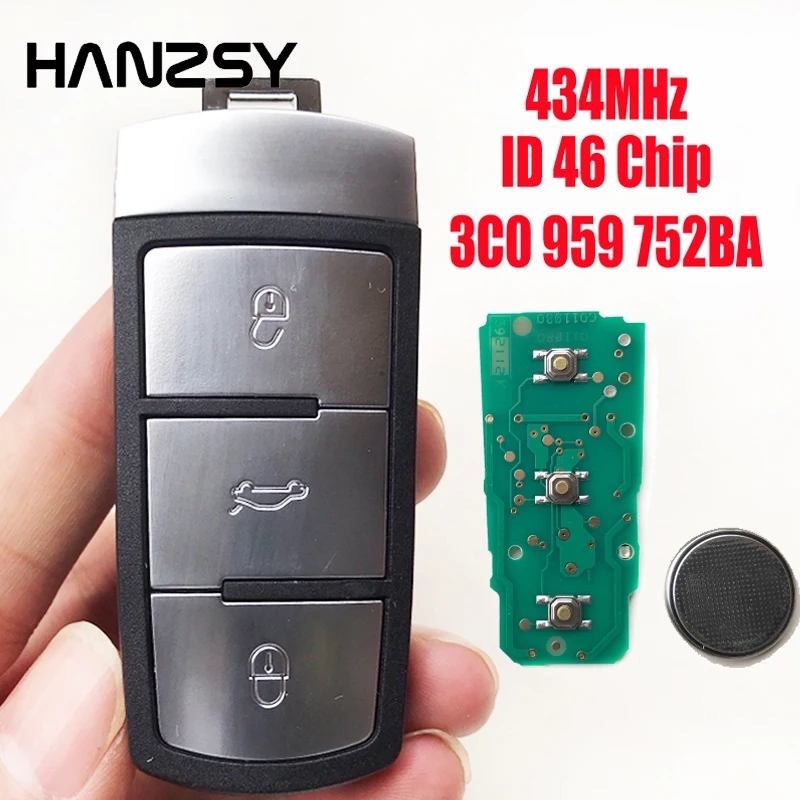 3 кнопки 434 МГц смарт-ключ для VW Passat B6 3C B7 Magotan CC Volkswagen 3C0 959 752 BA ID48 чип полный