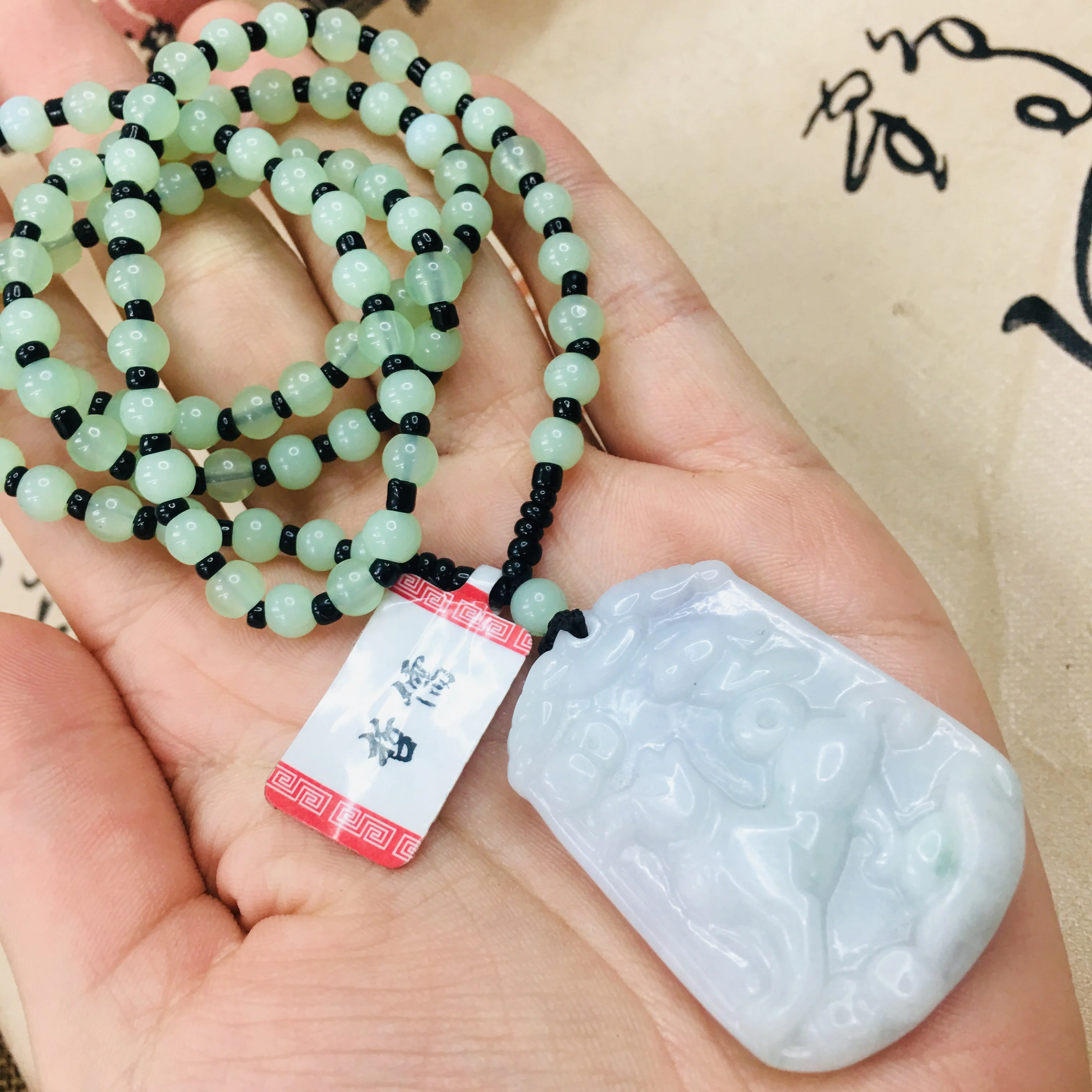 Zheru pure natural Jadeite carved light green lucky dog pendant with green bead sweater chain Send A certificate