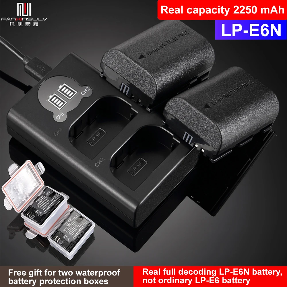 

2pc LP-E6N LP-E6 LP E6 Battery Cell+LCD USB Dual Charger for Canon EOS R 6D II 7D II 5D Mark II III IV 60D 60Da 70D 80D 5DS 5DSR