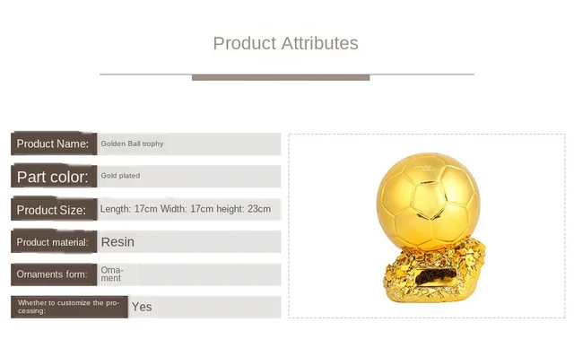 Trofeo de fútbol Ballon d'Or Trofeo de fútbol, trofeo de fútbol de globo  dorado, mejor réplica de resina de trofeo de fútbol con proceso de