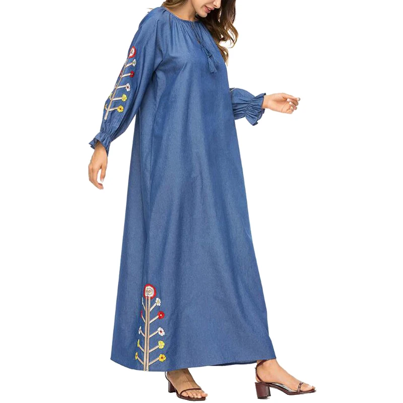 MISSJOY New Fashion muslim clothing dubai Women Long Sleeve Denim Abaya Embroidery flower Patchwork turkey islamic Maxi dress