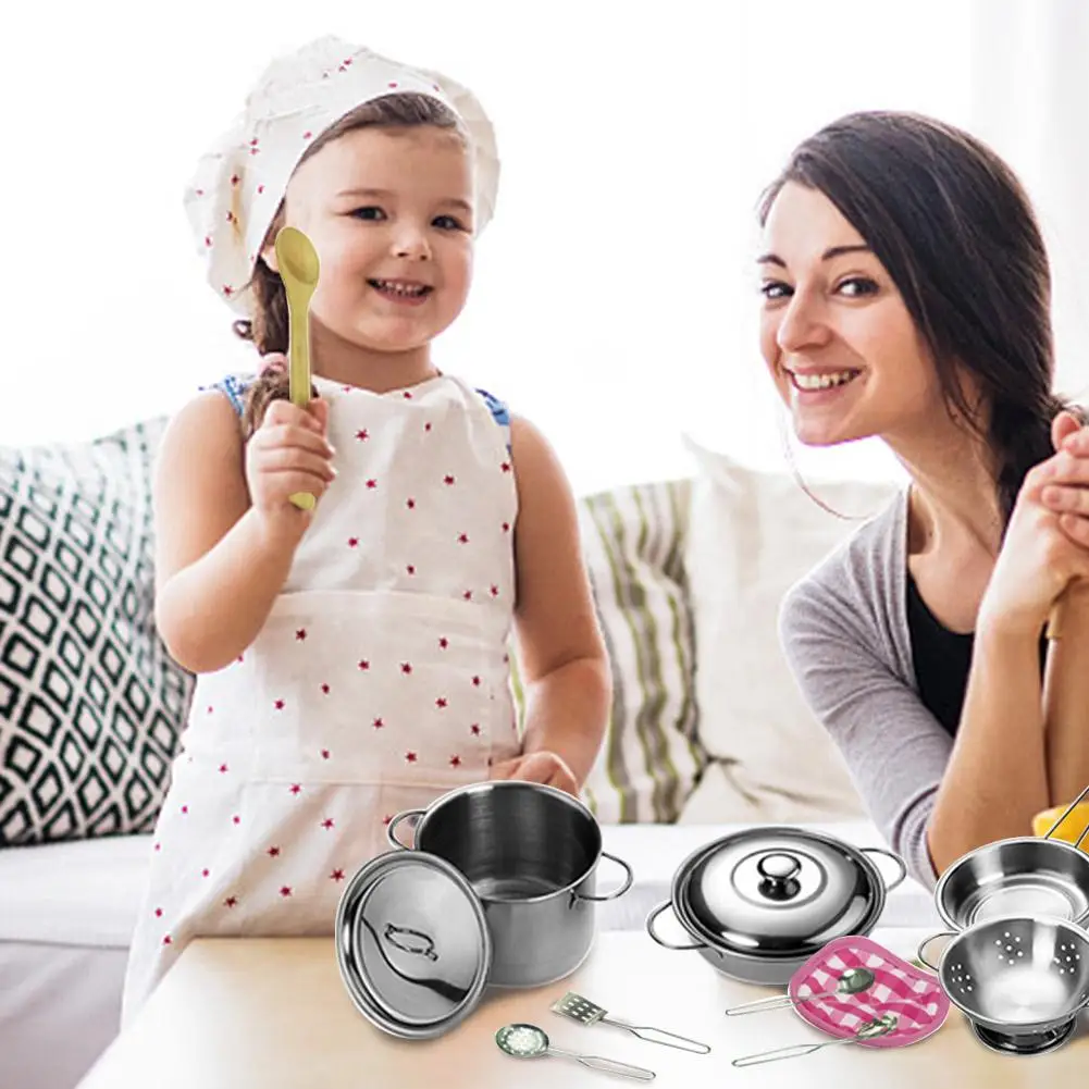 Новые детские забавные KitchenToy 1 комплект 12 шт. патрубки из нержавеющей стали кастрюли кухонная посуда Серебряная Миниатюрная игрушка ролевые игры подарок для детей