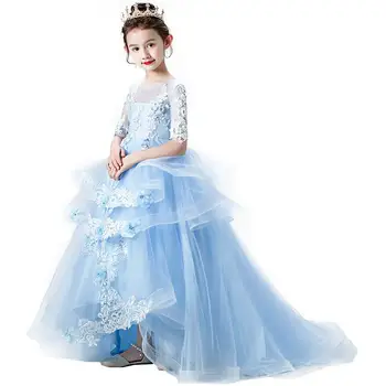 

2019 Children Girls Lace Long Trailing Dress Kids Girls Mesh Wedding Evening Dresses Formal Party Princess Prom Ball Gown F51