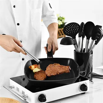 

Silicone Cooking Tools Spaghetti Spoon+ Eggs Beater + Spoon + Shovel + Clamp with Storage Cup JS22