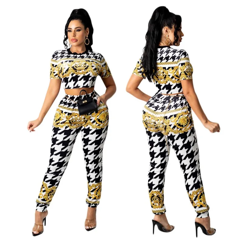 Tight-Fitting Casual Pants Suit Casual Women Short-Sleeved Top And Pants African Suit 2021 Summer New Product Printed Slim Dress