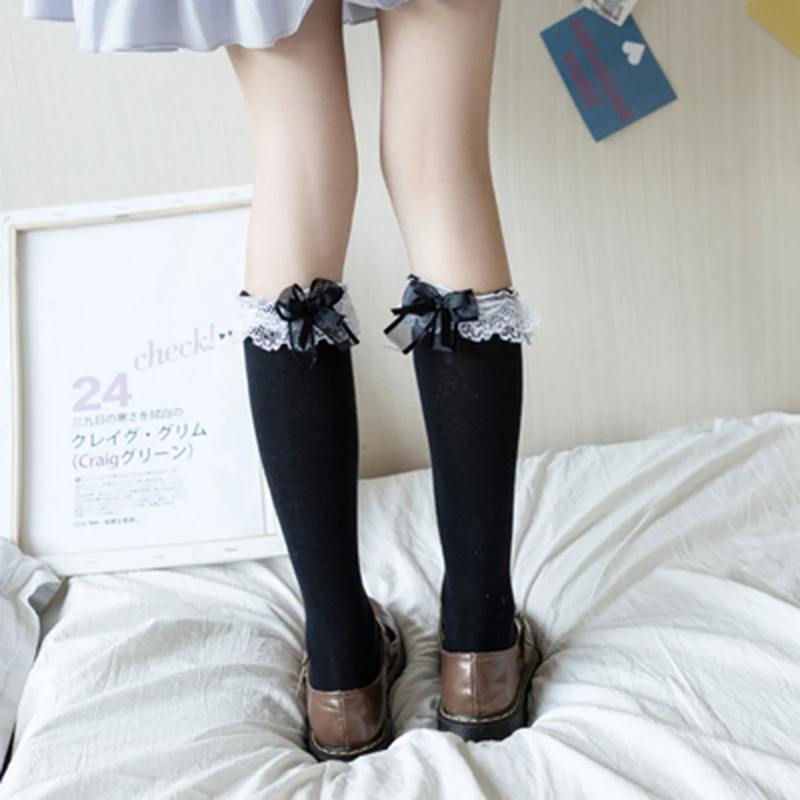 Осенне-зимние гетры Лолита кружевные колготки японские студенческие средние чулки Черный Белый хлопок JK чулки носки для женщин