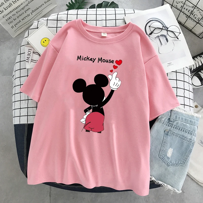 Disney Kawaii Mickey Mouse Summer T-shirt Ladies Black Top Ladies Casual O-Neck Top Ladies Kormen Korean Style Harajuku Clothing t shirt palm angels Tees