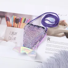 Ребенок крест маленькая сумка фасона «рыбий хвост» из двух Цвет блестками портмоне женские блестками портмоне затягивающей веревочки портмоне маленький кошелек