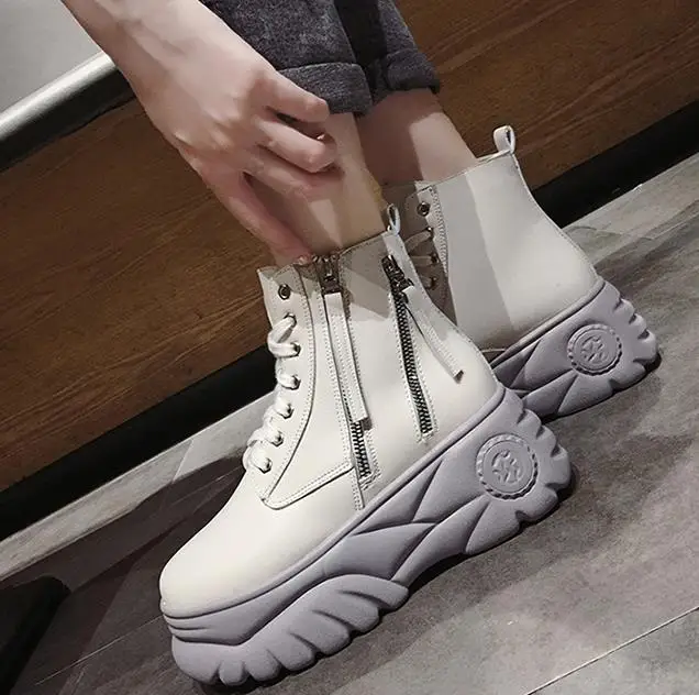 Women Ankle Boots Platforms Shoes Woman 7CM High Heels Thick Bottom Zipper Boots High Top Sneakers 34-39