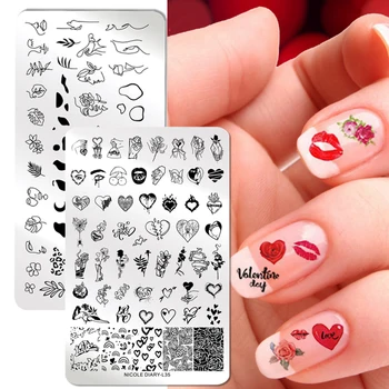 

NICOLE DIARY Valentines Nail Stamping Plates Love Letter Flower Stamp Templates Sexy Girl Printing Stencil Leaf Stripe Tools
