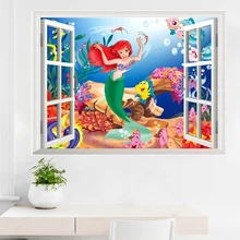 Cartoon Disney The Mermaid Princess 3D Window Wall Stickers For Kids Rooms Home Decor Living Room Wall Decal Mural Art Wallpaper tanie tanio CN (pochodzenie) Płaska naklejka ścienna For Wall Do płytek Naklejki na meble Do zabudowanej kuchenki Jednoczęściowy pakiet