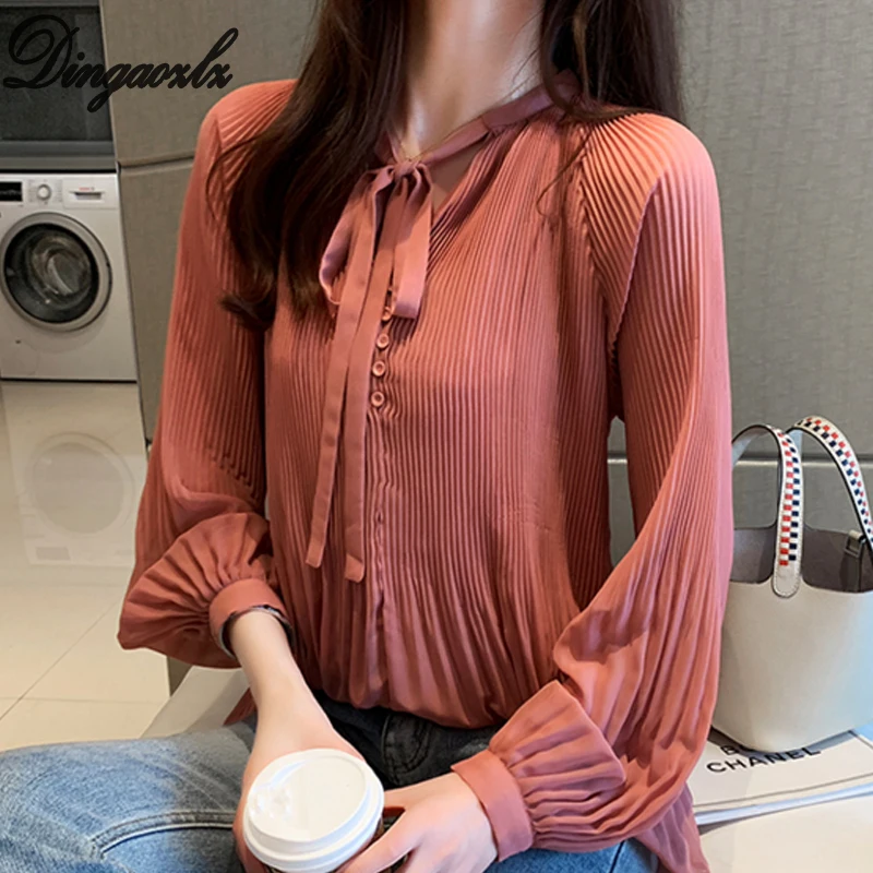 Dingaozlz new elegant bow long sleeve chiffon blouse casual clothing women tops fashion solid color chiffon shirt