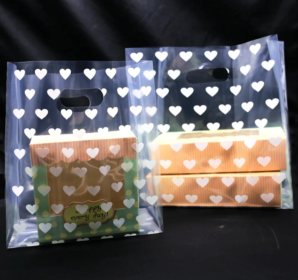 

White Heart Plastic Gift Bags, Plastic shopping bags, Retail Bags, Party Favor Bag 25pcs/lot