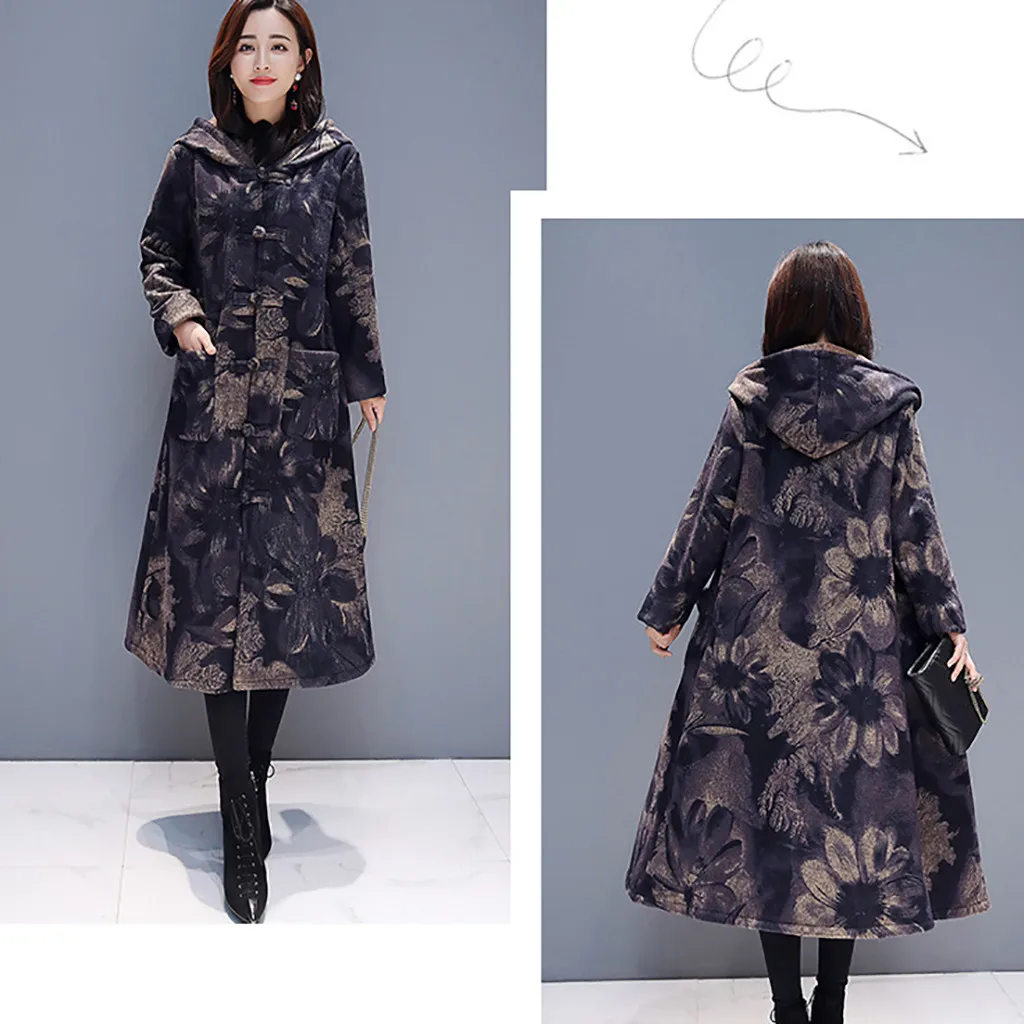 SAGACE женское винтажное длинное пальто с капюшоном в народном стиле, с цветочным принтом, с этническим узлом, на пуговицах, с карманами, с меховой подкладкой, свободная повседневная верхняя одежда 1112