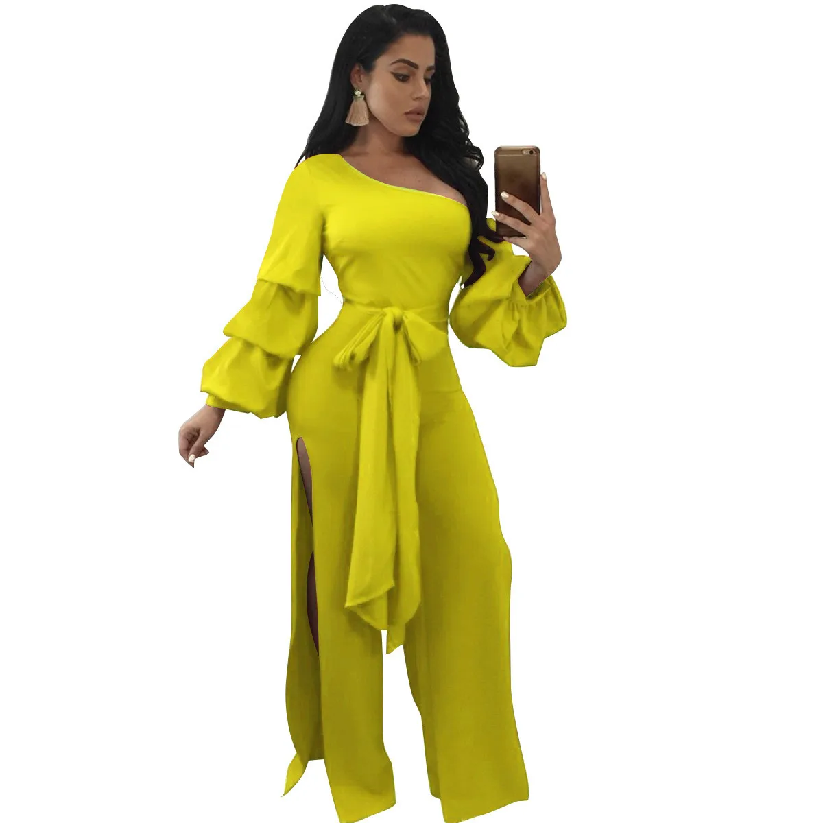 

2019 Autumn New Arrival Slim-fit Double-sided Split Lantern Sleeves Jumpsuit Skew Collar with Waist Belt Yellow Red Black Blue