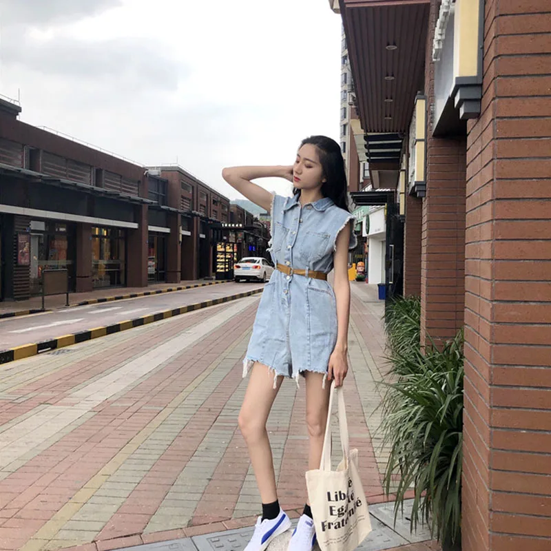 

Summer 2020 New Harajuku Ripped Denim Playsuit Women Bodycon Jumpsuit With belt Vintage Short High waist Sleeveless jean Overall