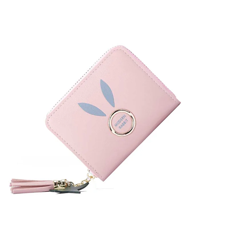 

Wallet femme Pink color Short small Wallet with Star Tassel Accessory Cute Animal Rabbit Charm Card Wallet Big Bill Women Purse
