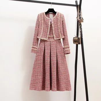 

New 2019 Autumn High Quality Women 2 Piece Set Tweed Short Jacket Coat+Beading Vest Dress Elegant Fashion Party Dresses 2 Sets