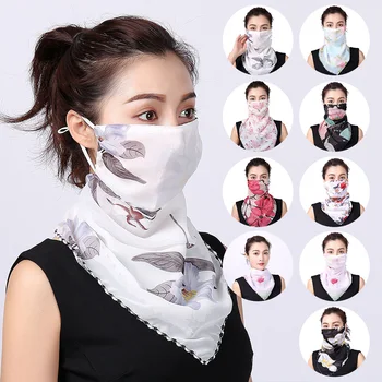 

Women's Reusable Chiffon Sheer Scarf Headband Elastic Bandana Drawstring Ear Loops Face Mask Washable Floral Muffler for Female