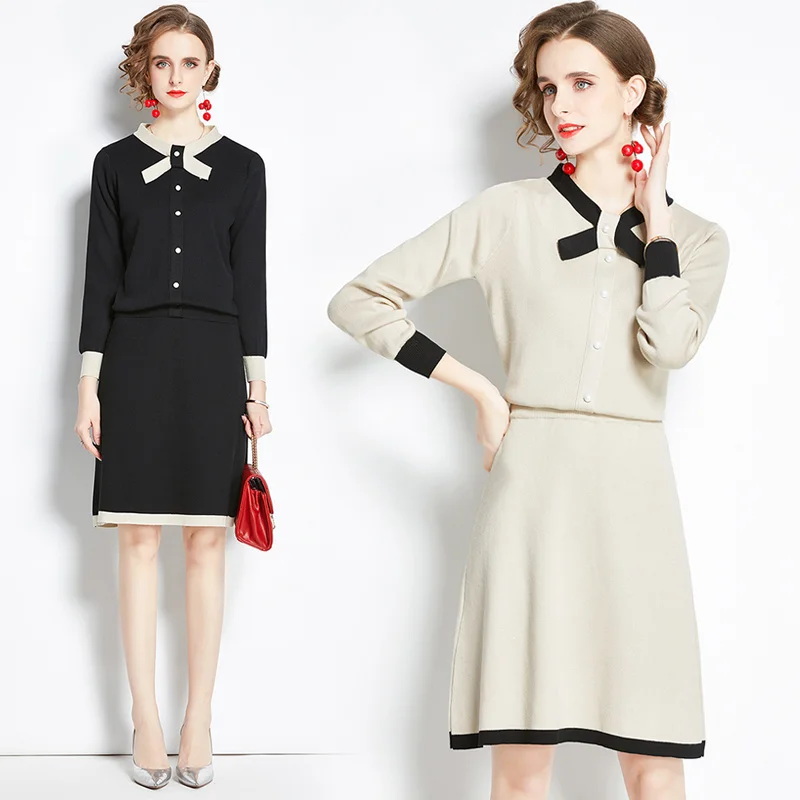 

2020 New Womens Clothing Knitted Set Cotton Office Lady Full Bow Two Piece Set Elastic Waist Solid Elegant Lady Autumn Set