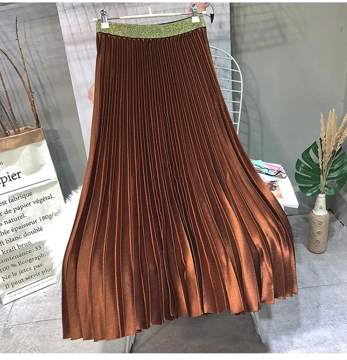 caramel colour Весенняя женская элегантная плиссированная юбка на осень и зиму, эластичная Женская длинная юбка с высокой талией, Женская юбка высокого качества Saia - Цвет: caramel colour