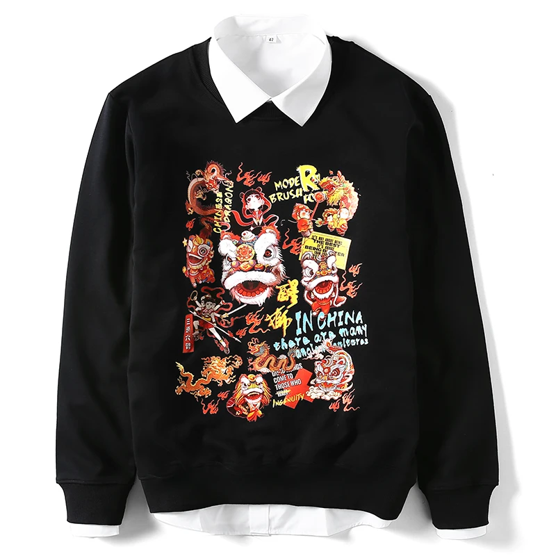 AreMoMuWha Tide Brand Trend Lion Sweatshirts Men's New Autumn Chinese Style Printing Round Neck Pullover Sweatshirts QX1377 - Цвет: Черный