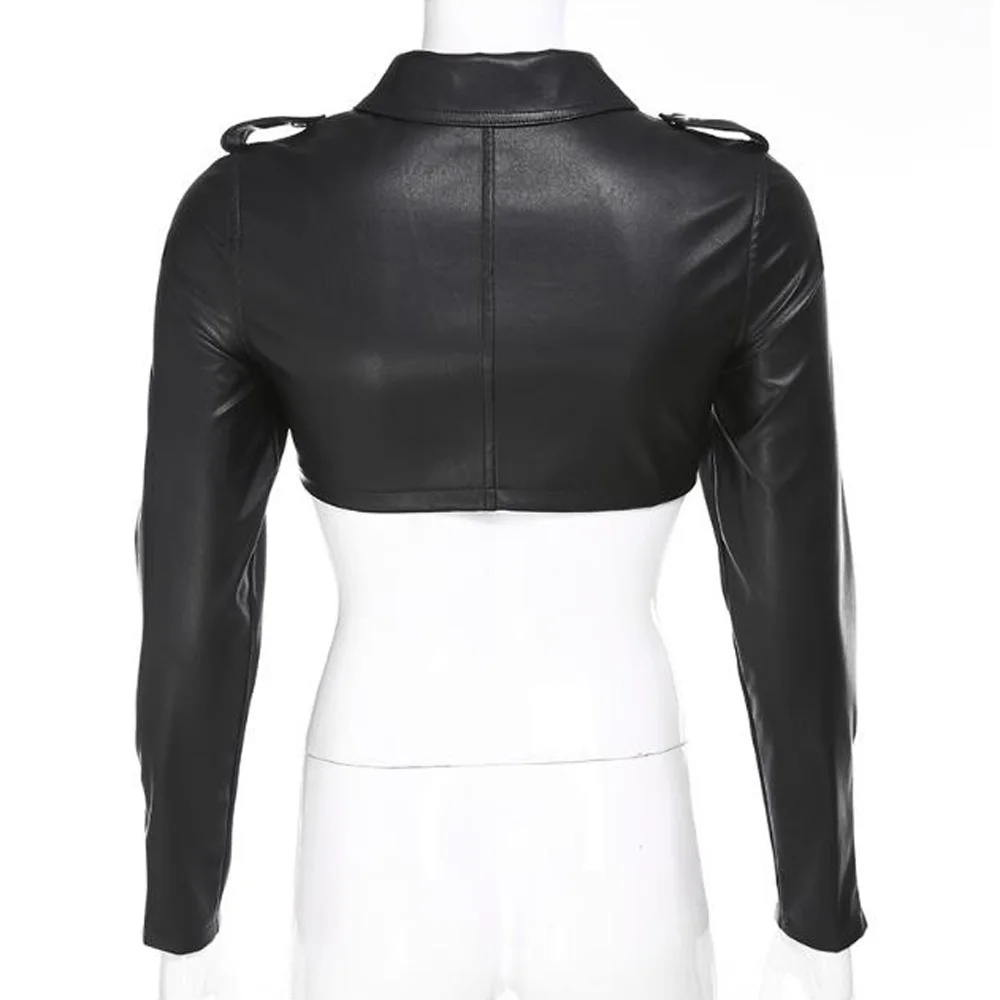 incredible  Autumn Black PU Leather Cropped Jacket Women Long Sleeve Slim Crop Top Winter Coats Streetwear Shor