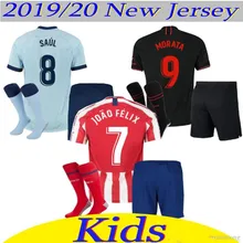Футбольная Футболка Atletico Madrides для мальчиков 19, Детский комплект+ носки GRIEZMANN KOKE M. LLORENTE JOAO FELIX, Детская футболка