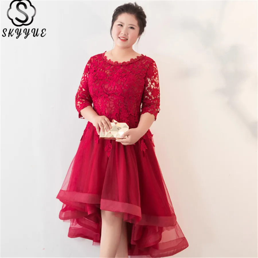 

Skyyue Burgundy O-Neck Evening Dress Plus Size Women Party Dresses Asymmetrical Robe De Soiree Half Sleeve Evening Gowns T092