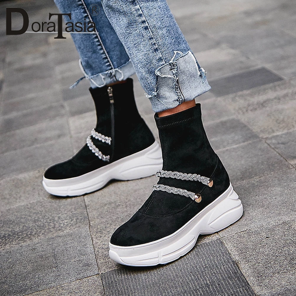 

DORATASIA Brand Fashion Decorating Platform Booties Ladies Kid Suede Ankle Stretch Boots Women Casual Soft Wedges Shoes Woman