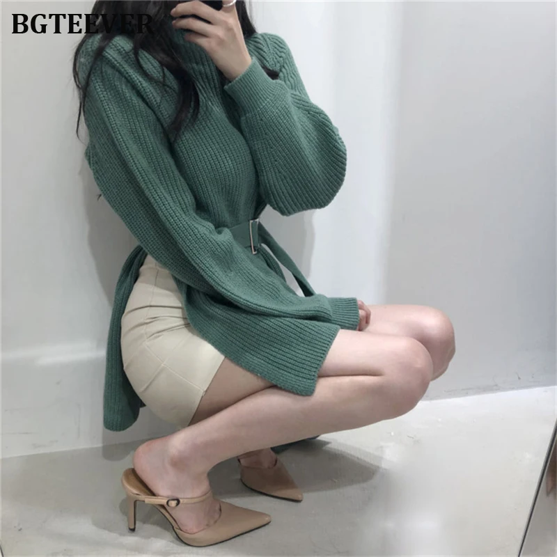 Vintage Puff Sleeve Half-turtleneck Women Sweater Side Split Lace Up Autumn Winter Elegant Ladies Jumpers Knit Tops 2019 | Женская