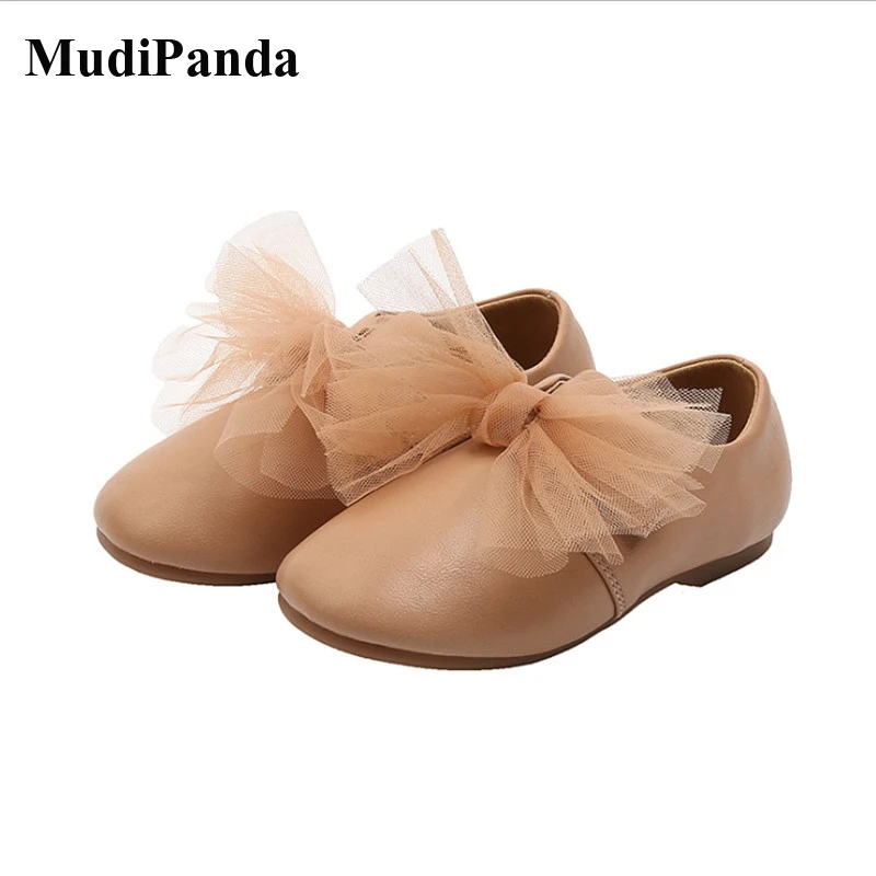 

MudiPanda New Autumn Kids Shoes For Girls Leather Net Yarn Bow-knot Grils Princess Shoes Soft Bottom Fashion Toddler Baby Shoes